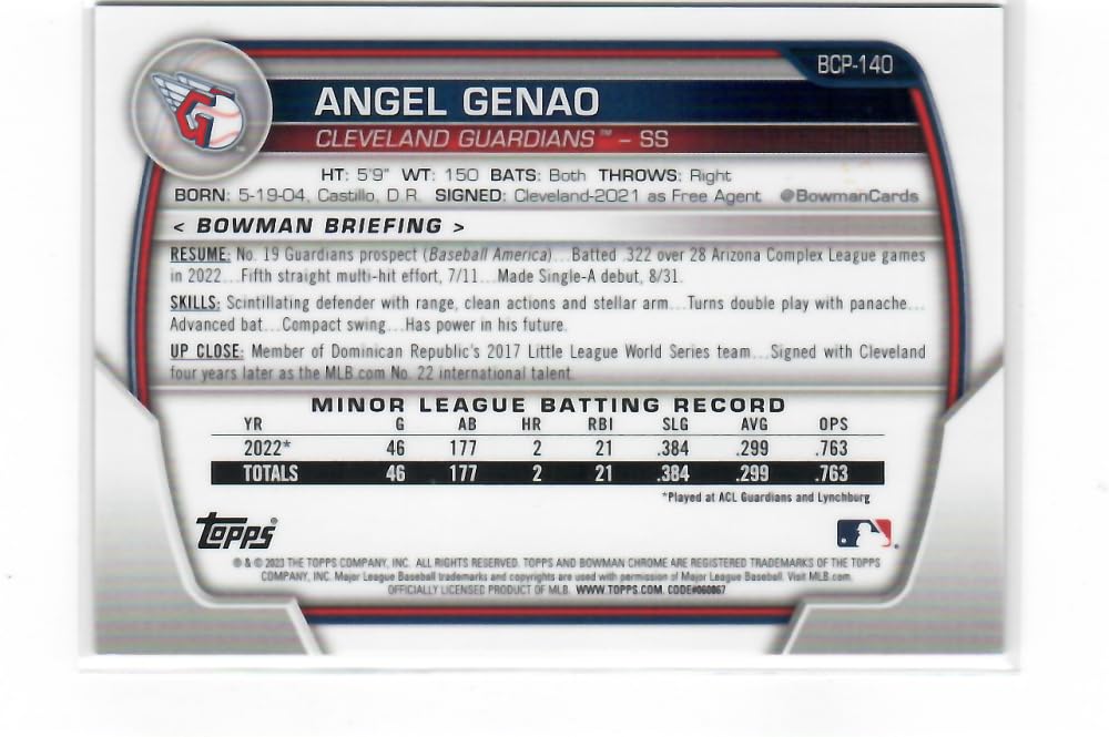 2023 Bowman Chrome Mega Box Prospects Mojo Refractor Purple #BCP-140 Angel Genao 1st Bowman /250 Cleveland Guardians Baseball NM-MT C3525