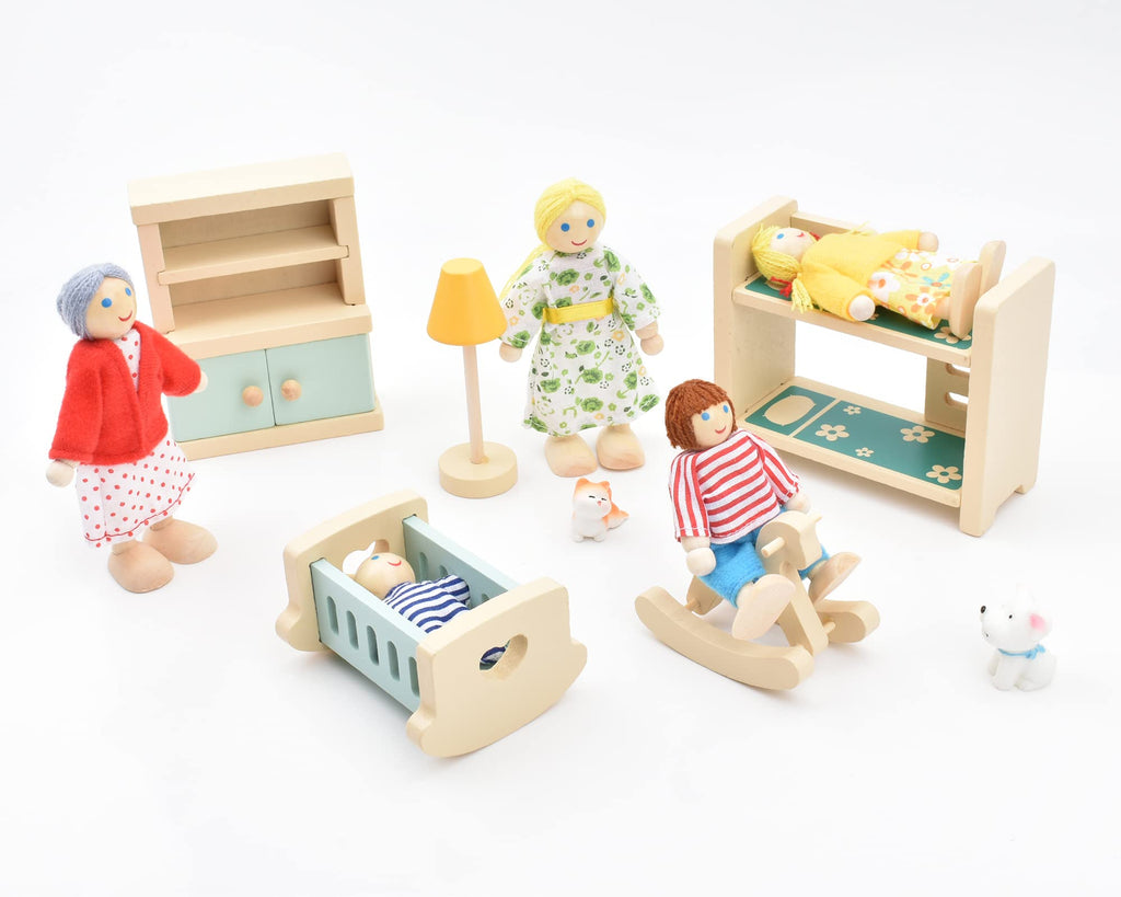 Wooden Dollhouse Dolls Family Set of 8 Miniature Figures and 2 Pets M22309