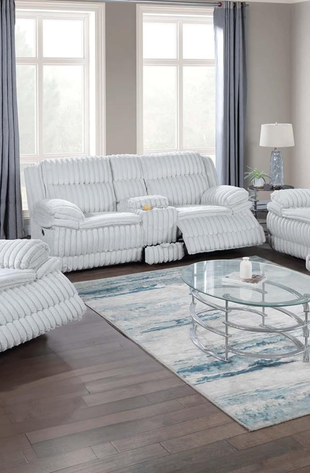 Light Gray Corduroy Recliner Loveseat with Drawer Console Z99364