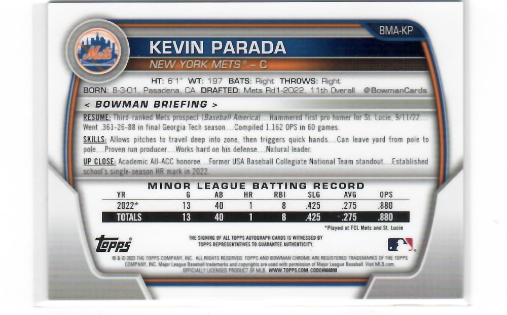 2023 Bowman Chrome Mega Box Mojo Autographed Refractor Blue #BMA-KP Kevin Parada Autographed /150 New York Mets Baseball NM-MT M450