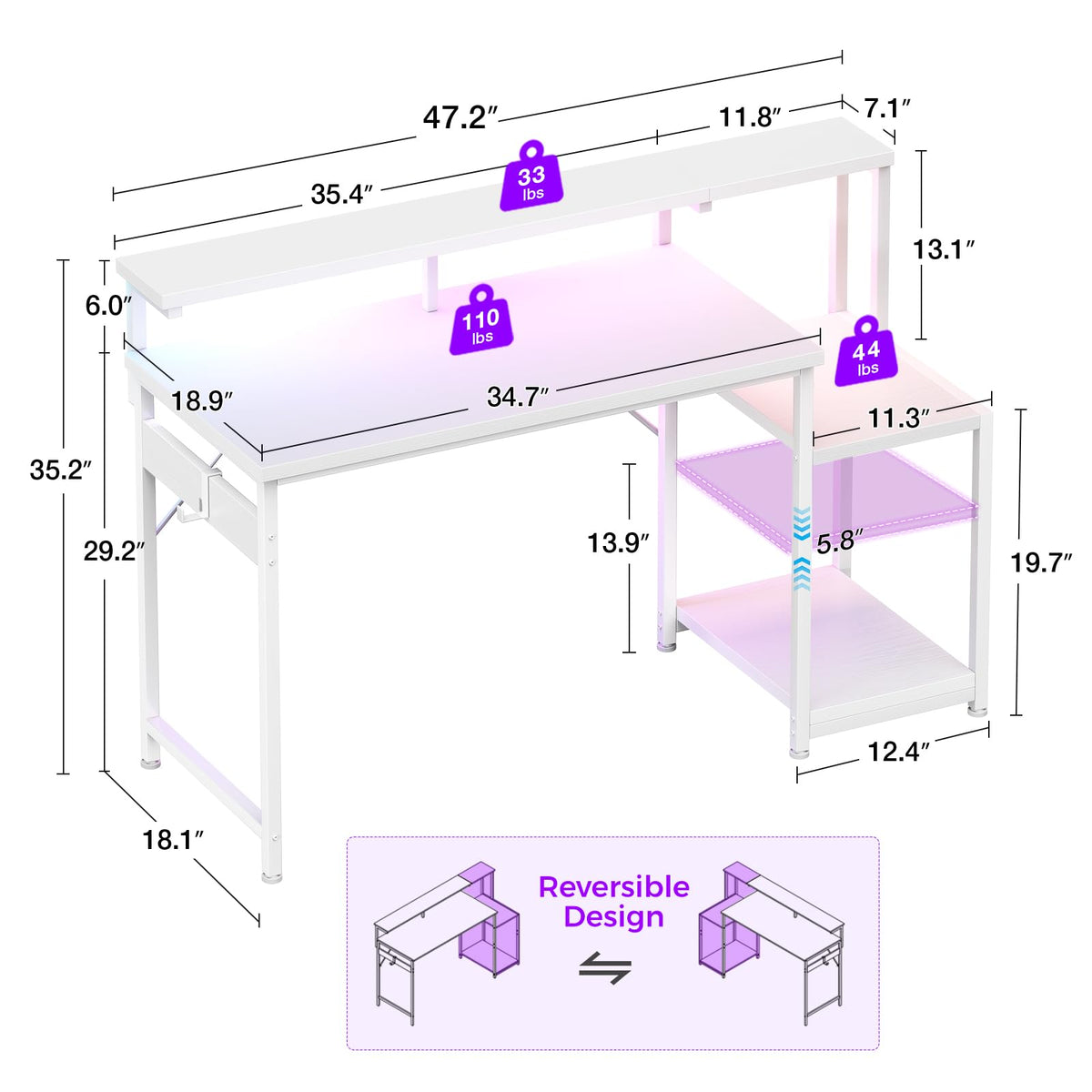 48 Inch White Gaming Desk with LED Lights K844