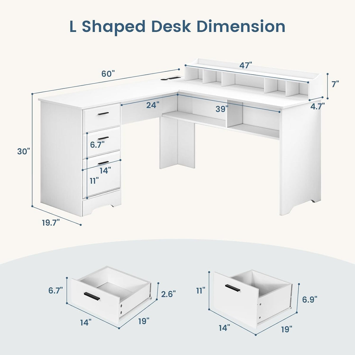 60" White L Shaped Desk with File Drawers L74172
