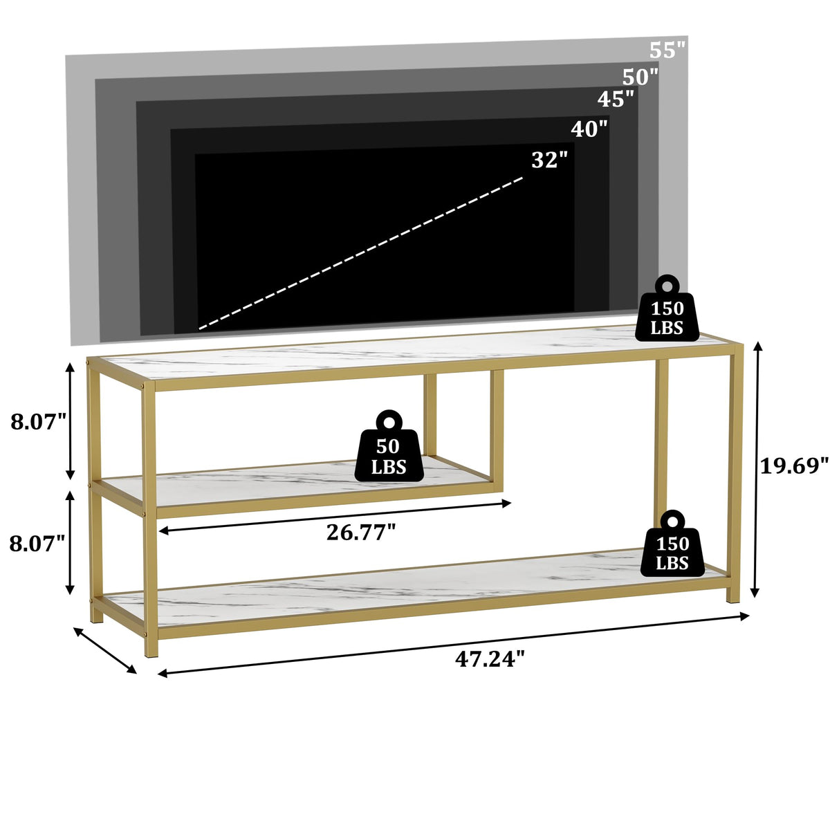 TV Stand for TVs up to 55 Inch, 3 Tier Media Console with Open Storage Shelves D4403