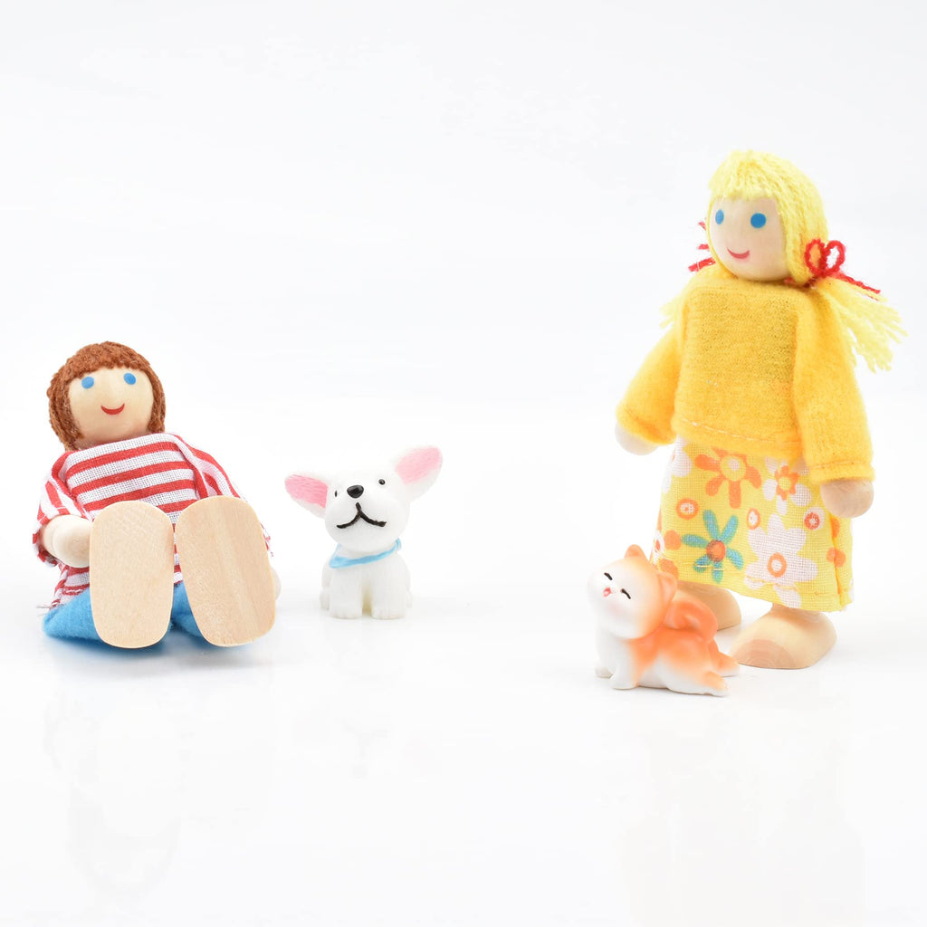 Wooden Dollhouse Dolls Family Set of 8 Miniature Figures and 2 Pets M22309