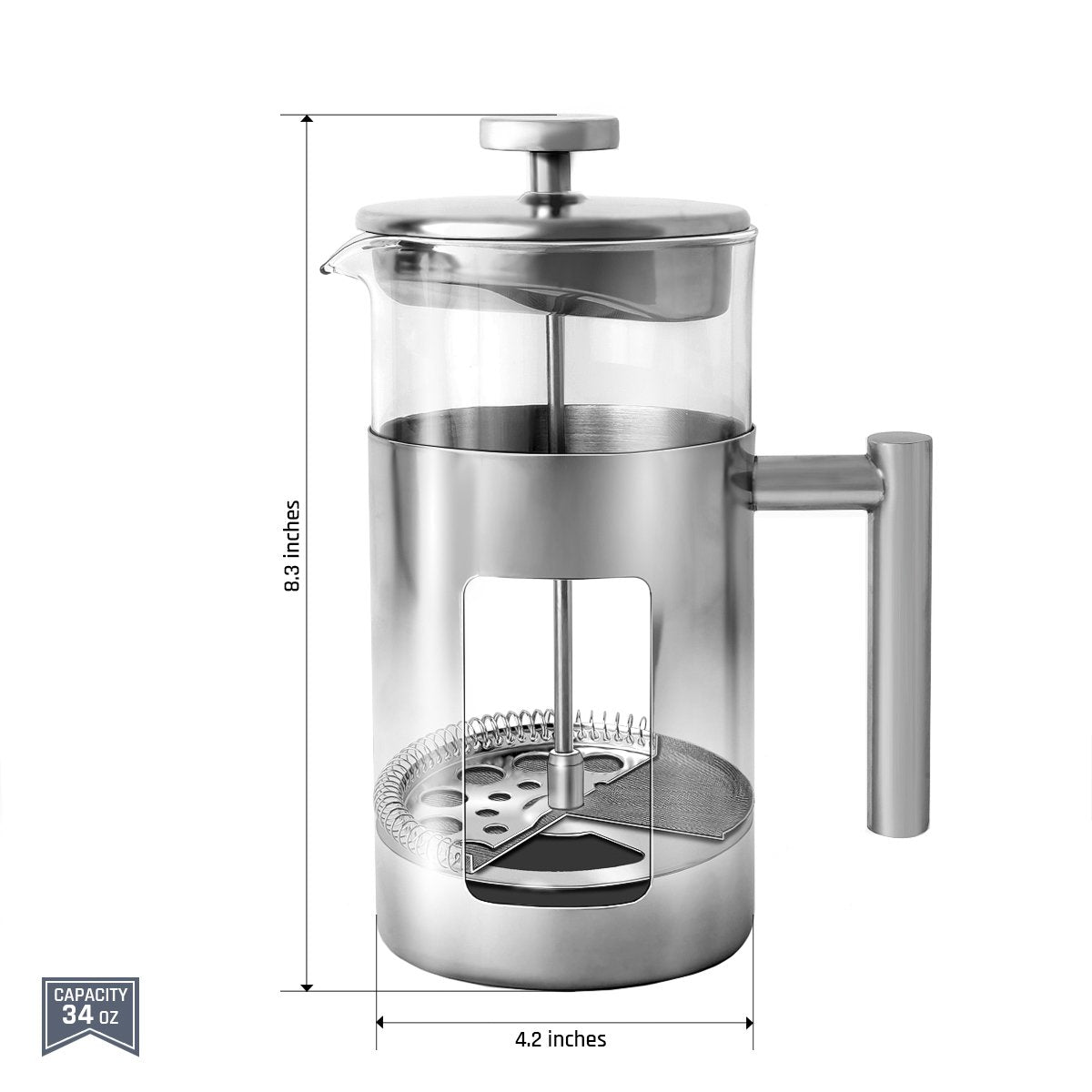 34 Ounce French Press Coffee Maker with Stainless Steel Frame L580