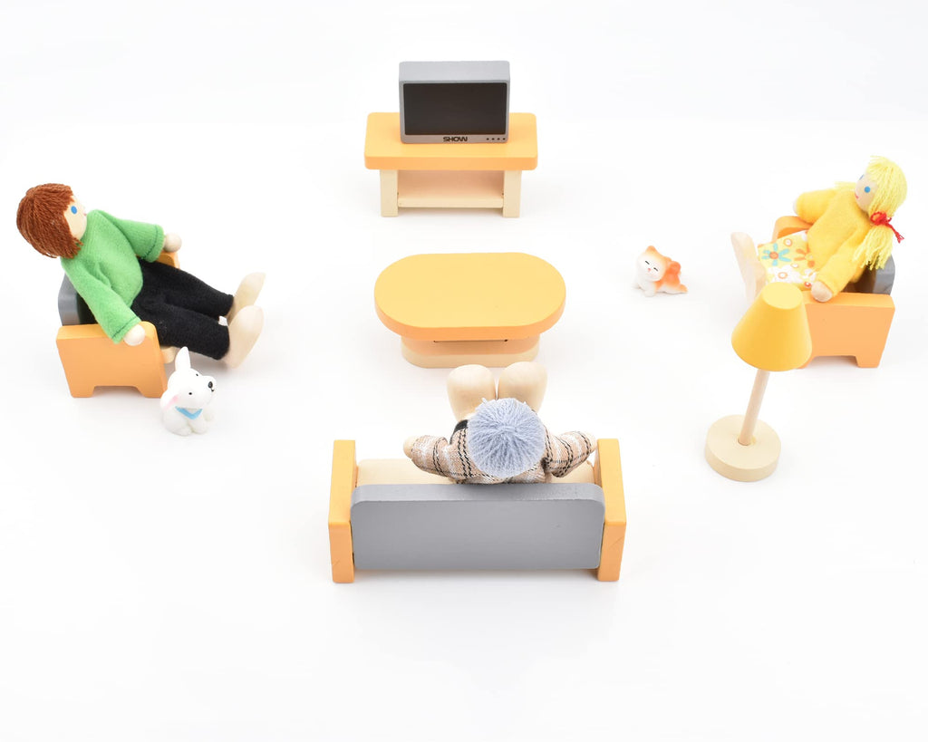 Wooden Dollhouse Dolls Family Set of 8 Miniature Figures and 2 Pets M22309