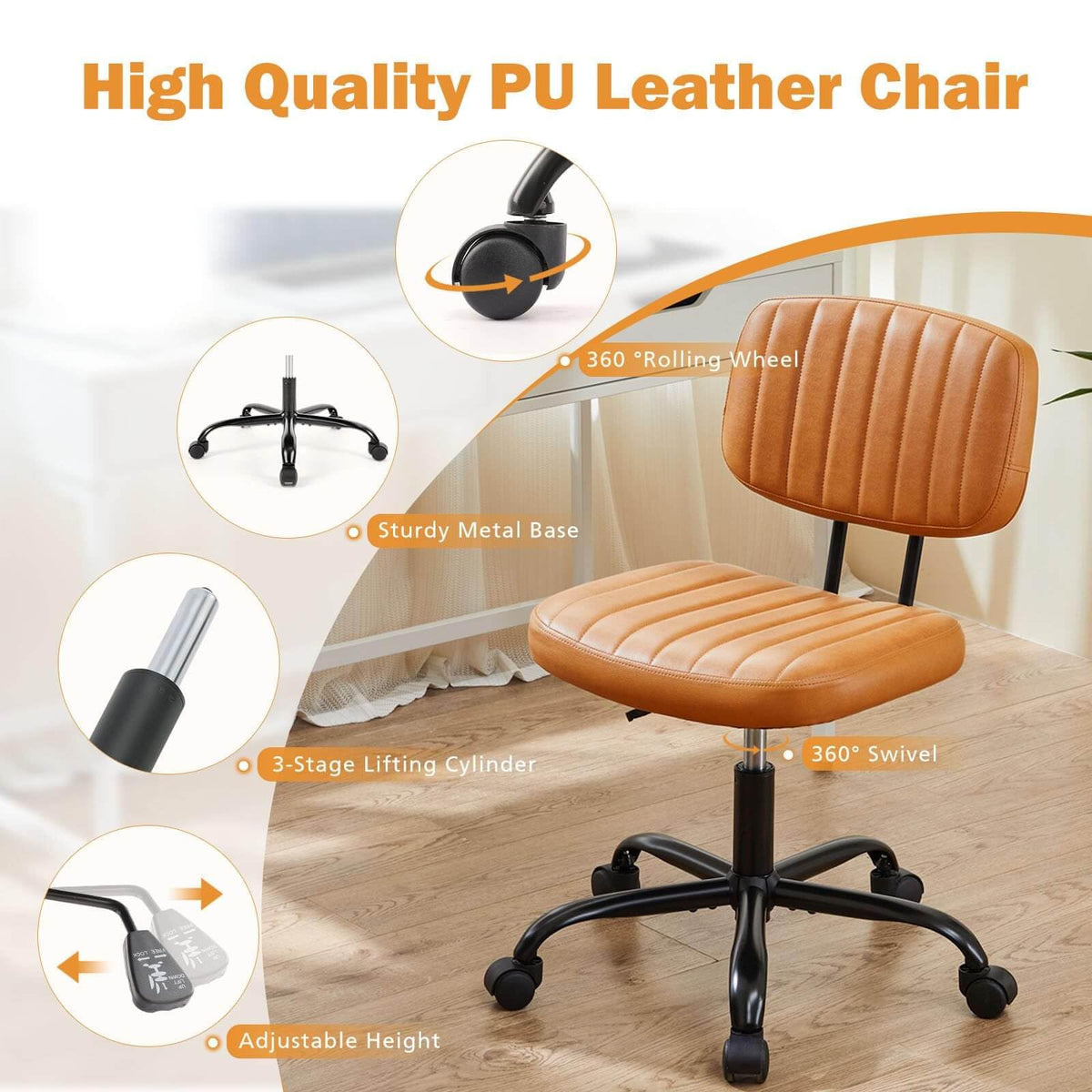 Orange Adjustable Height Swivel Rolling Office Chair G96324