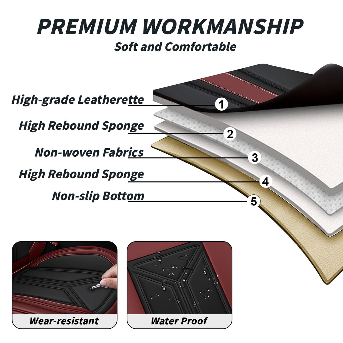 Black Red Nappa Leather 5 Seats Full Set Car Seat Covers T98340