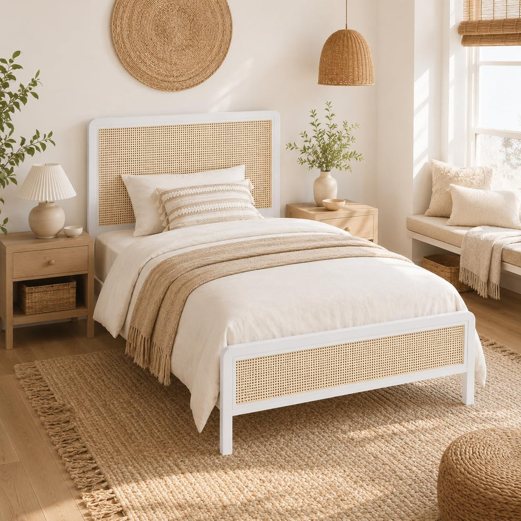 White Rattan Twin Bed Frame with Headboard T7600