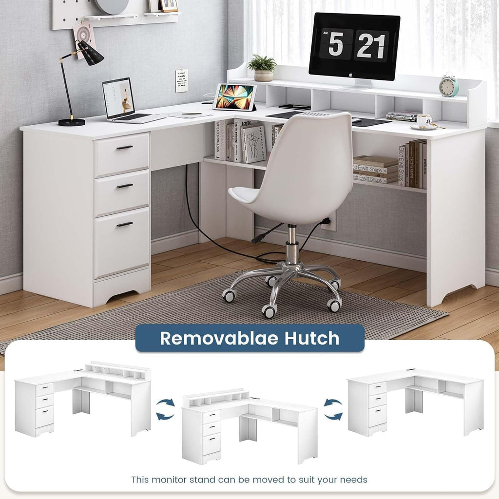 60" White L Shaped Desk with File Drawers L74172