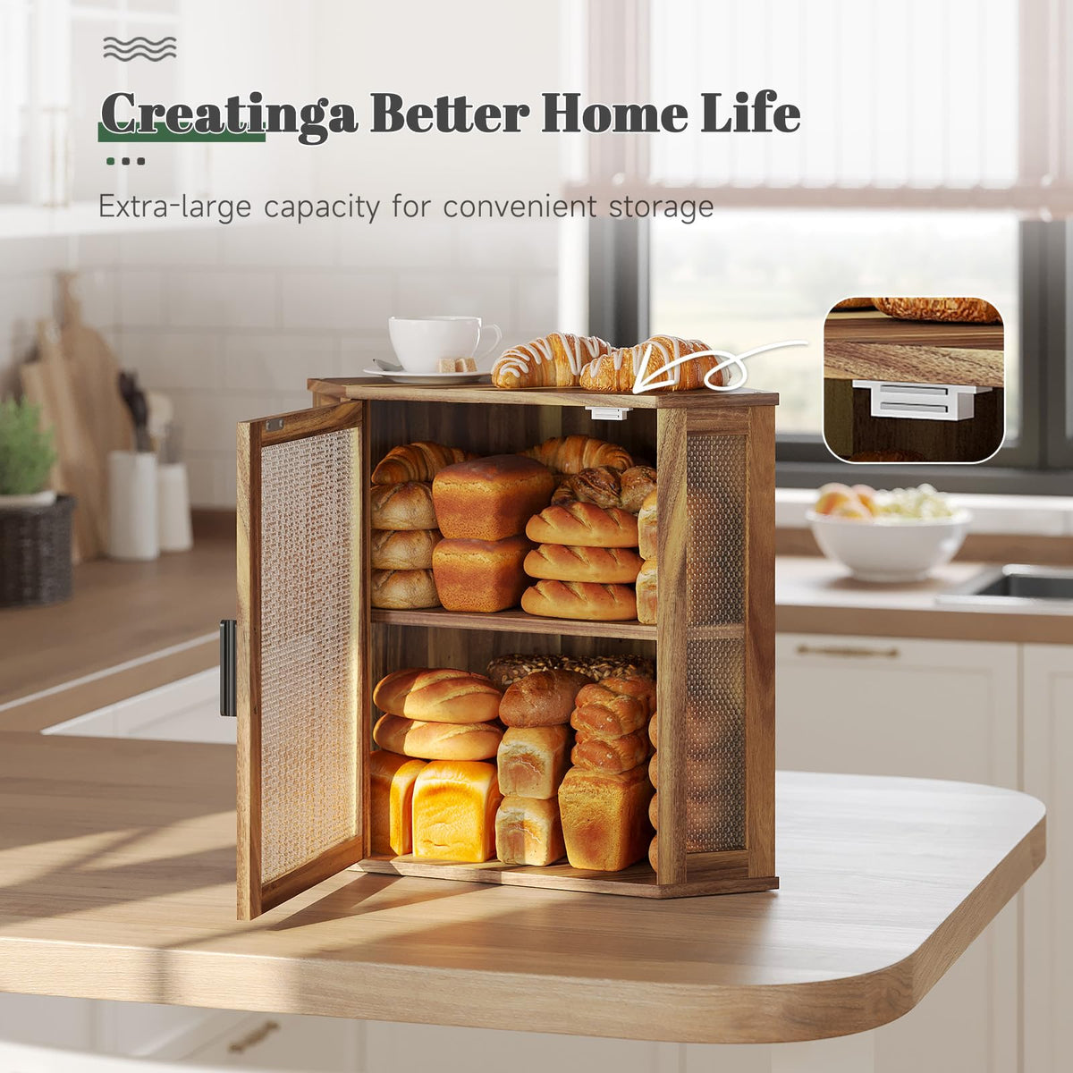 2-Tier Acacia Wood Bread Box with Window Q834916
