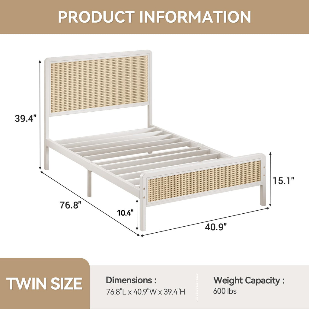 White Rattan Twin Bed Frame with Headboard T7600