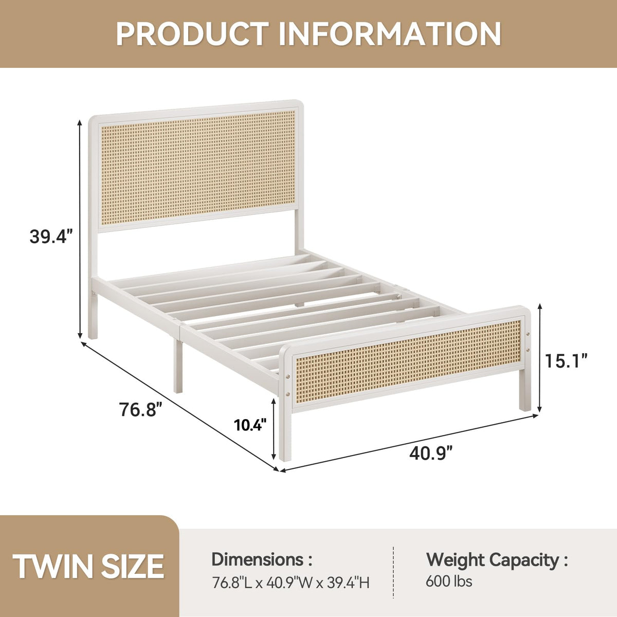 White Rattan Twin Bed Frame with Headboard T7600