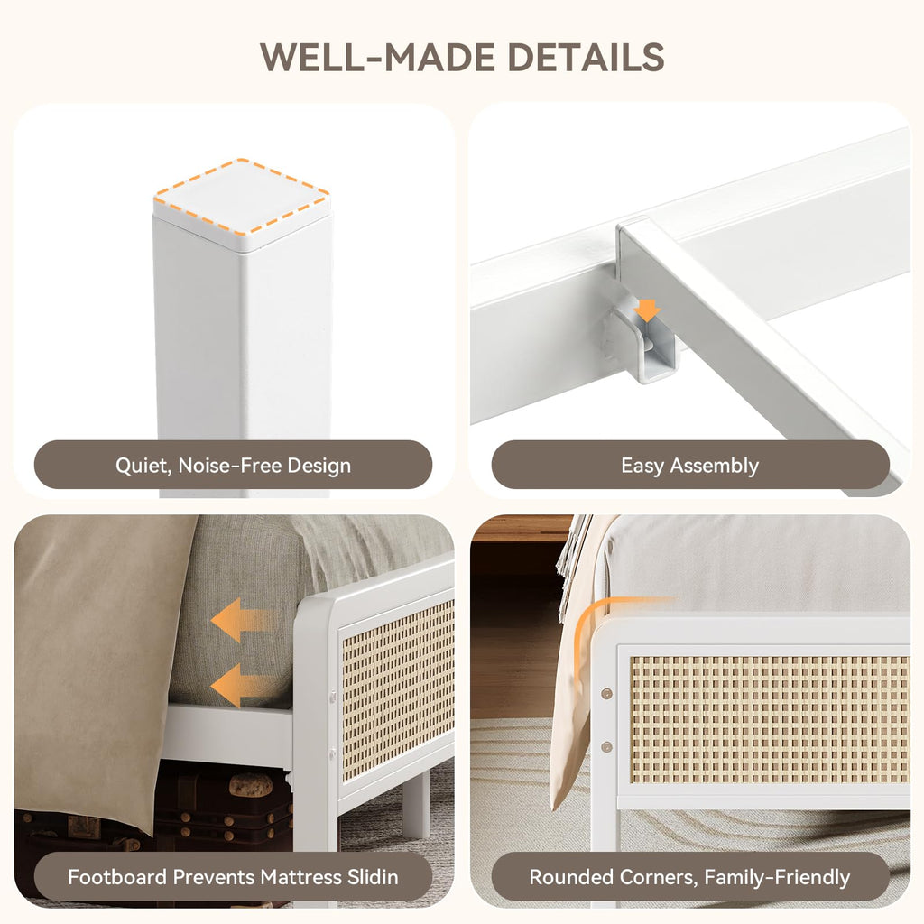 White Rattan Twin Bed Frame with Headboard T7600