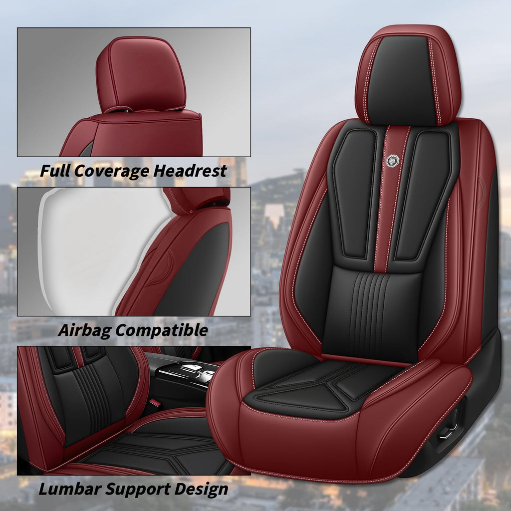 Black Red Nappa Leather 5 Seats Full Set Car Seat Covers T98340
