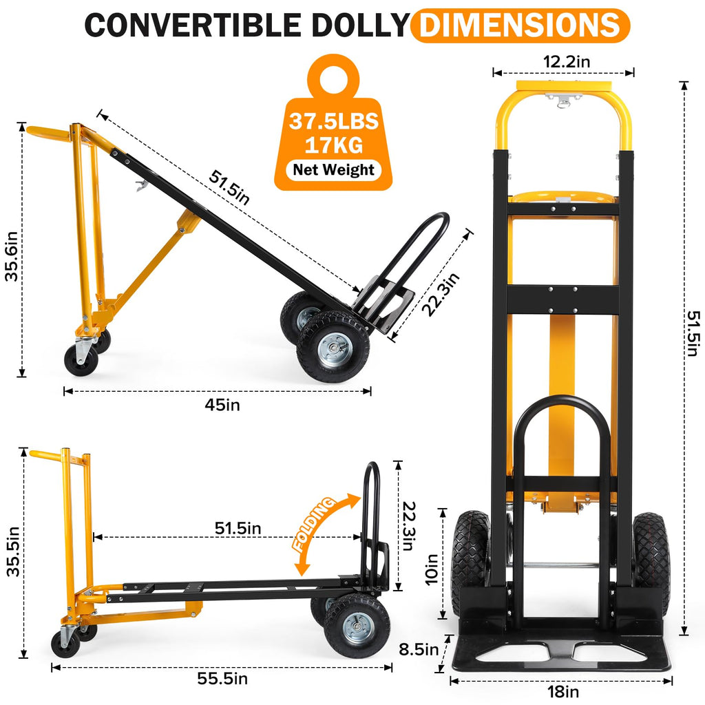 3 in 1 Convertible Hand Truck Dolly Cart with 10" Pneumatic Wheels, 1000LBS Capacity M67590