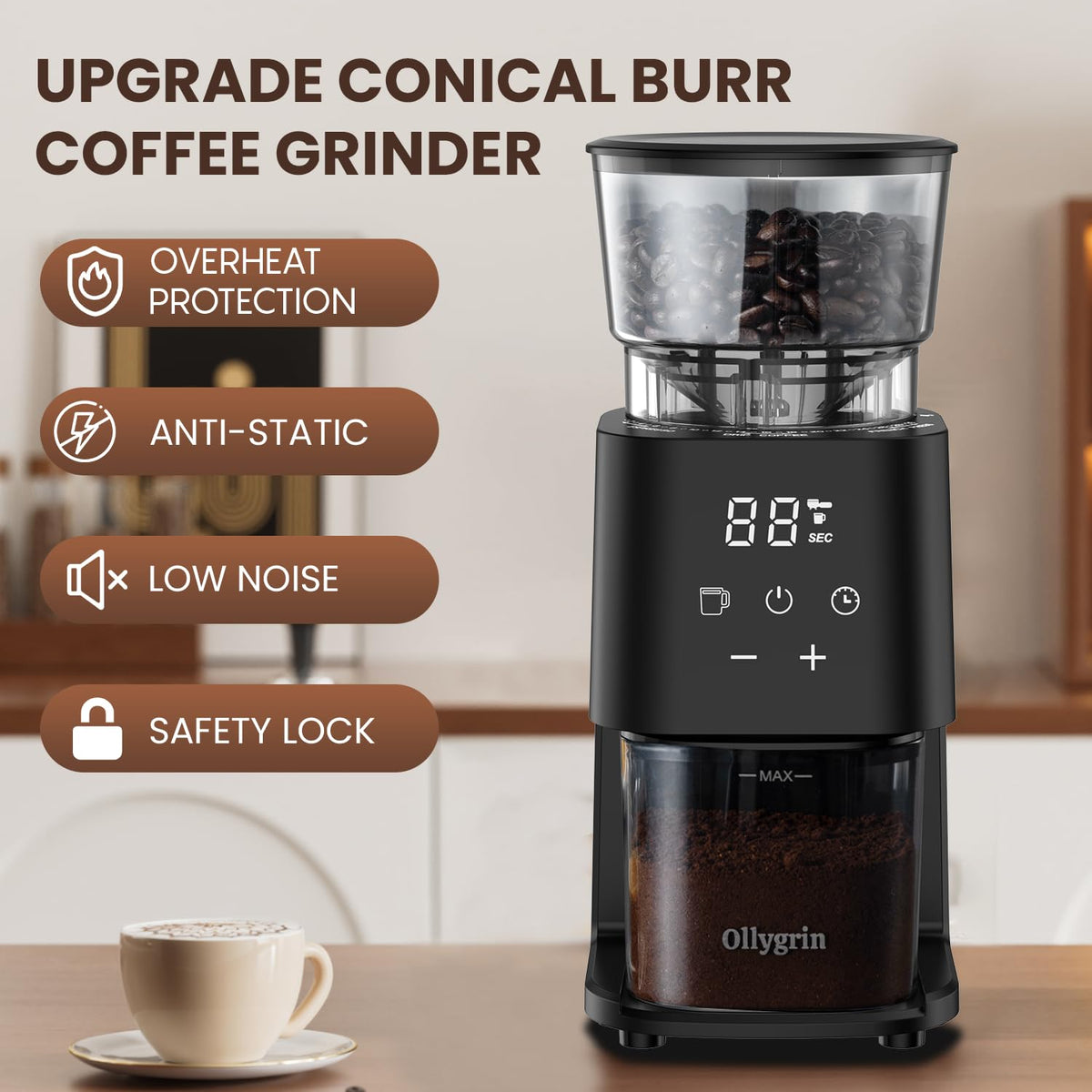 Electric Conical Burr Coffee Grinder, 30 Grind Settings, Black P549