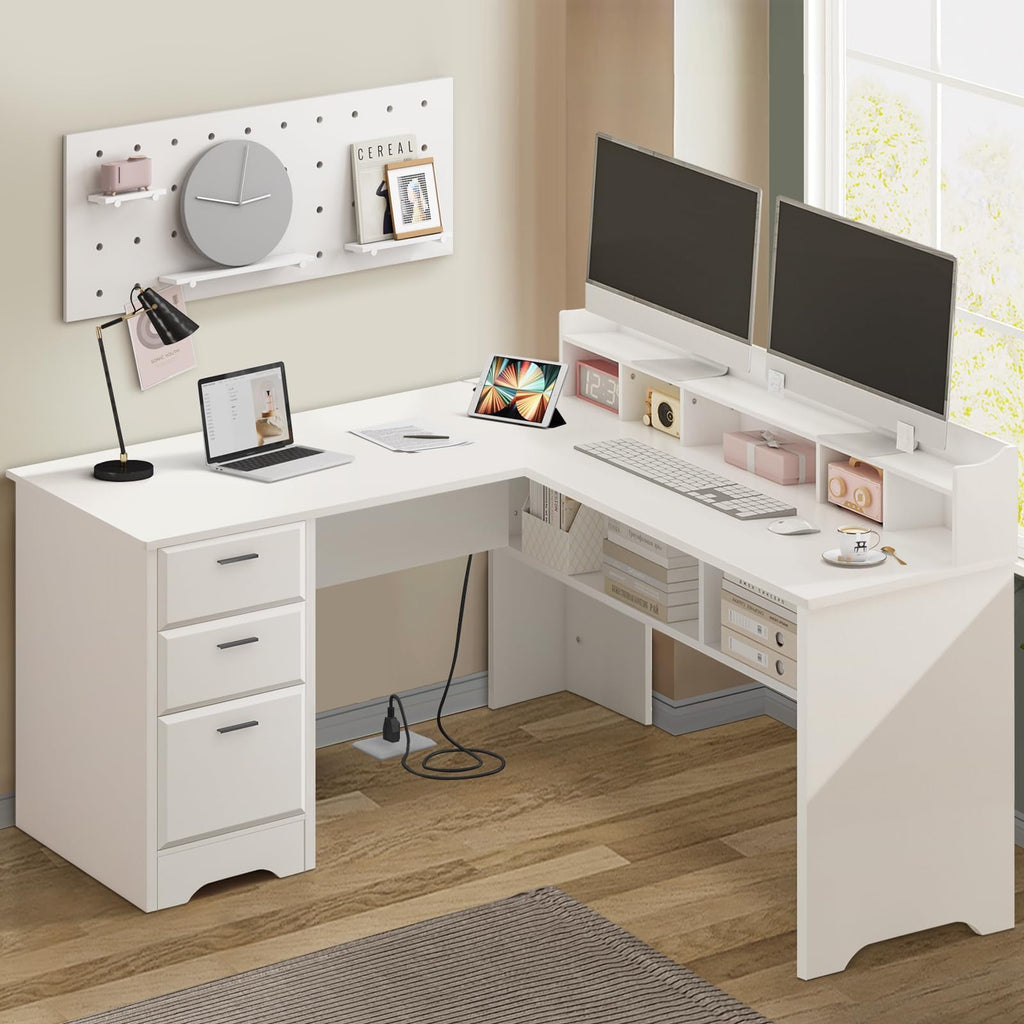 60" White L Shaped Desk with File Drawers L74172