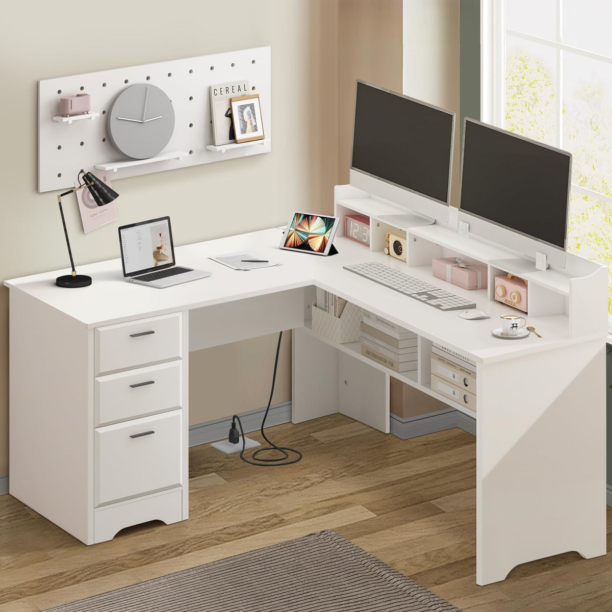 60" White L Shaped Desk with File Drawers L74172
