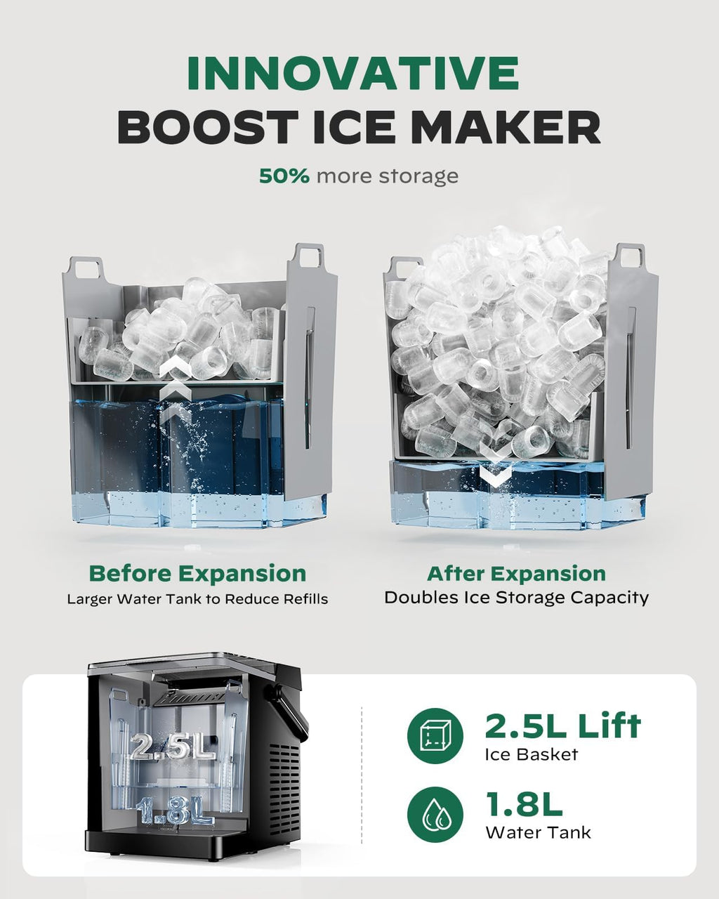 Countertop Ice Maker with 2.5L Ice Basket & 1.8L Water Tank, 26Lbs/24H E40027