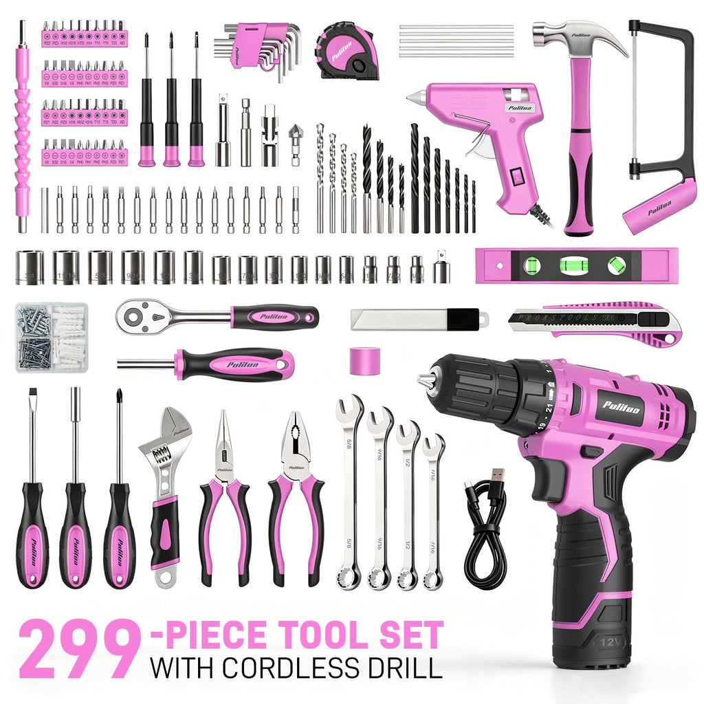 299 Piece Pink Cordless Drill Tool Set with Tool Box O8086