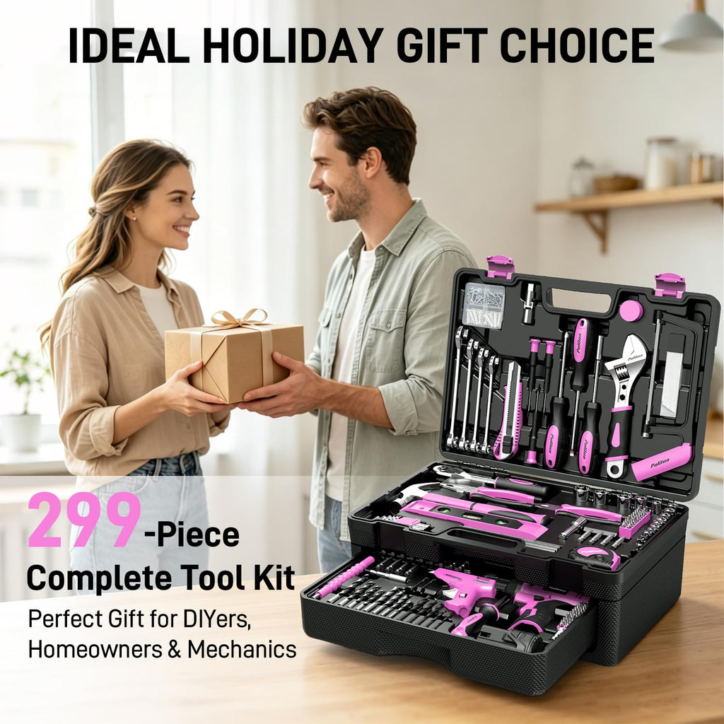 299 Piece Pink Cordless Drill Tool Set with Tool Box O8086