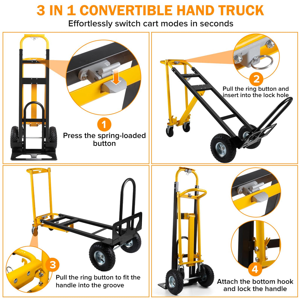 3 in 1 Convertible Hand Truck Dolly Cart with 10" Pneumatic Wheels, 1000LBS Capacity M67590