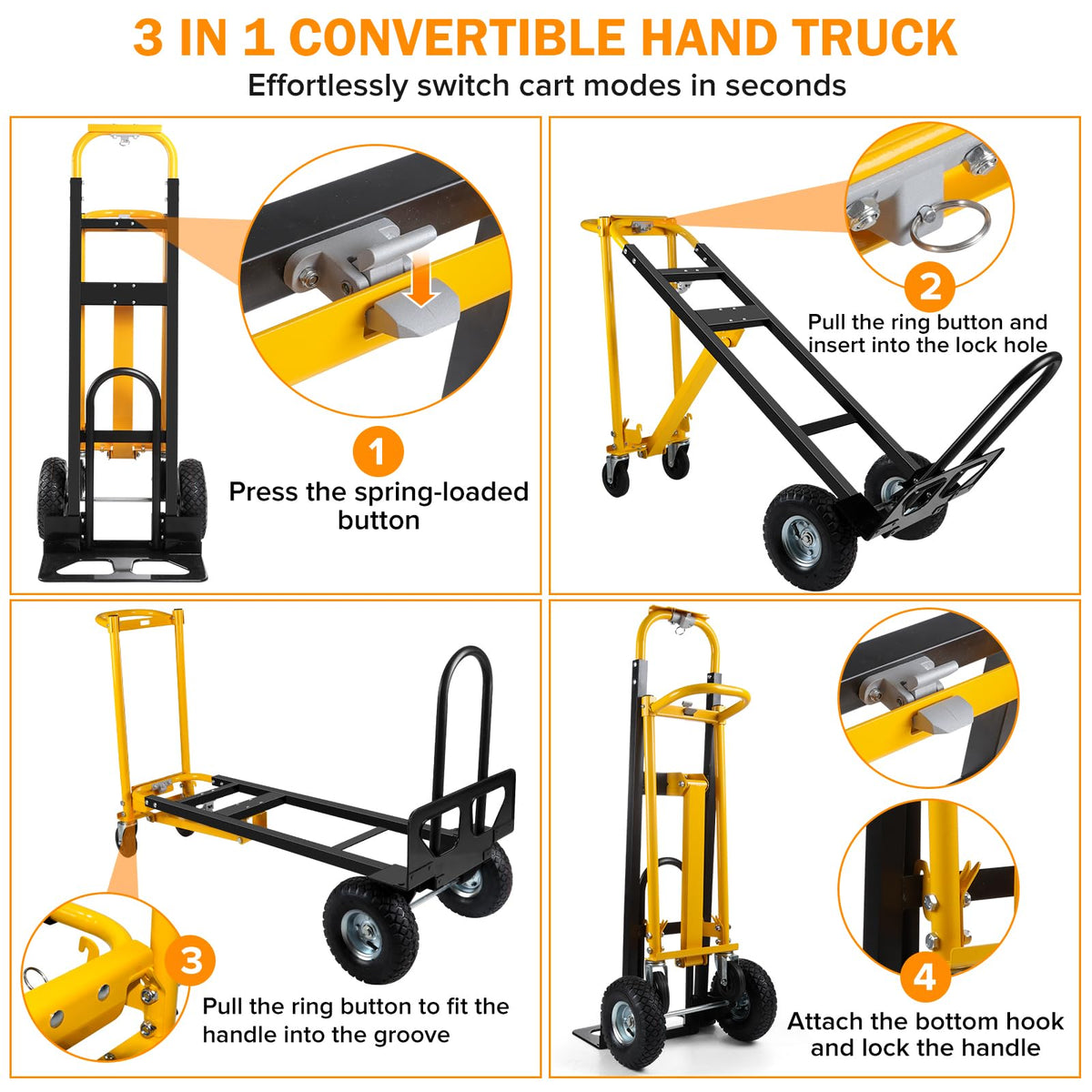 3 in 1 Convertible Hand Truck Dolly Cart with 10" Pneumatic Wheels, 1000LBS Capacity M67590