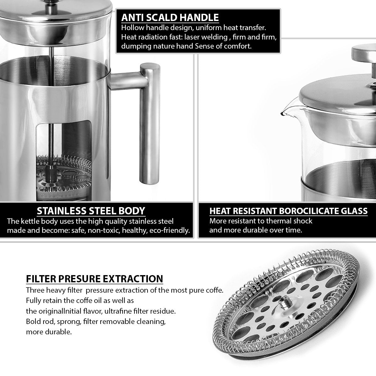 34 Ounce French Press Coffee Maker with Stainless Steel Frame L580