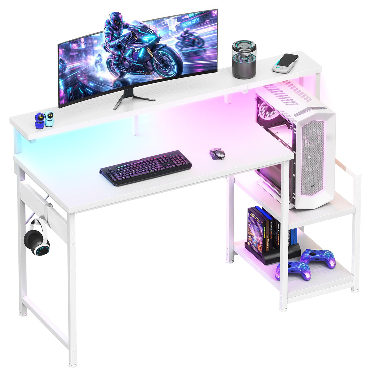 48 Inch White Gaming Desk with LED Lights K844