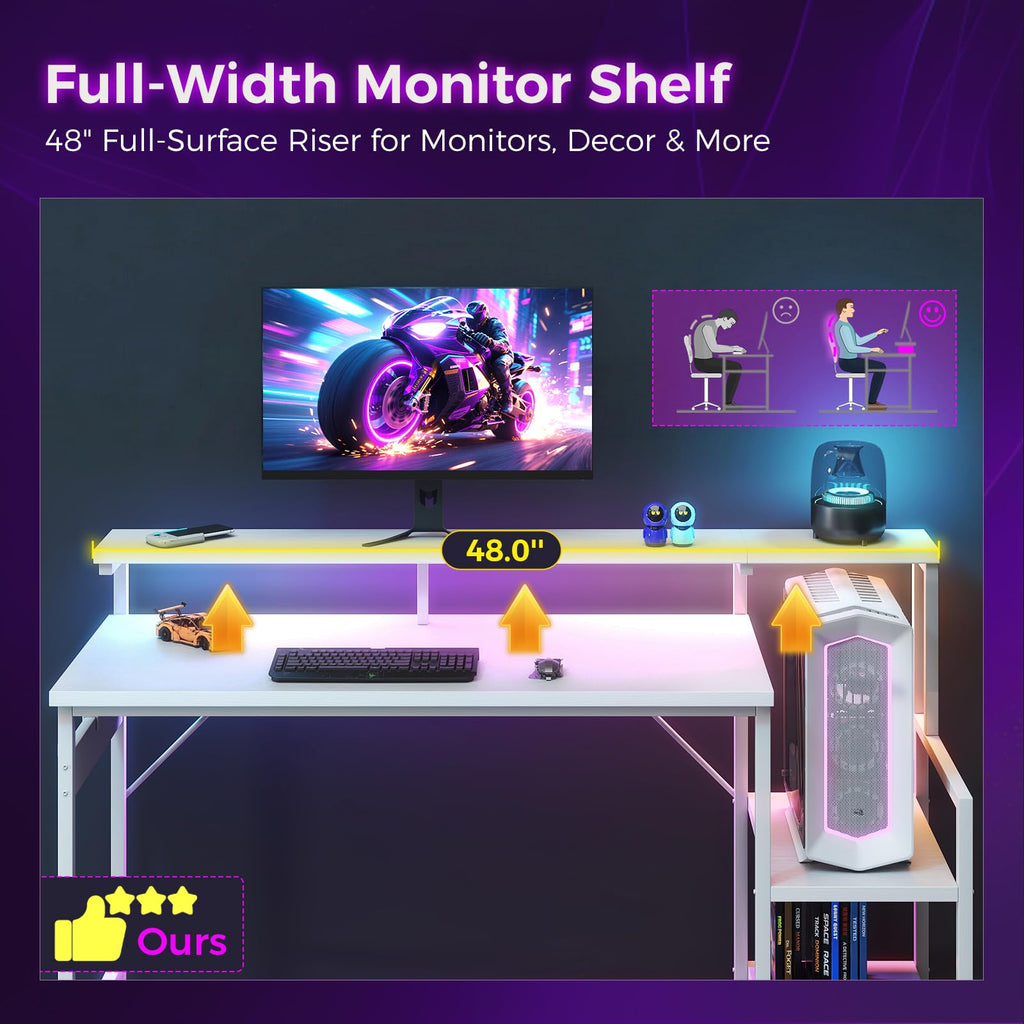 48 Inch White Gaming Desk with LED Lights K844