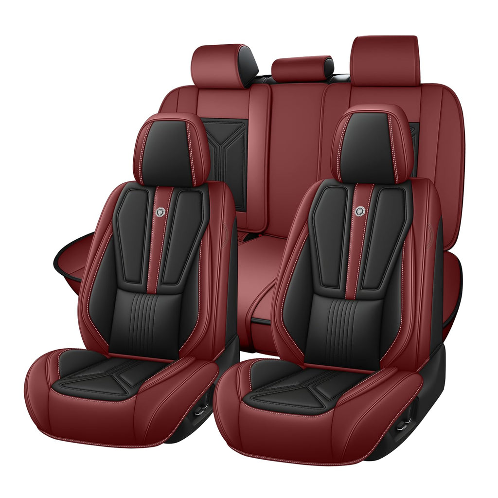 Black Red Nappa Leather 5 Seats Full Set Car Seat Covers T98340