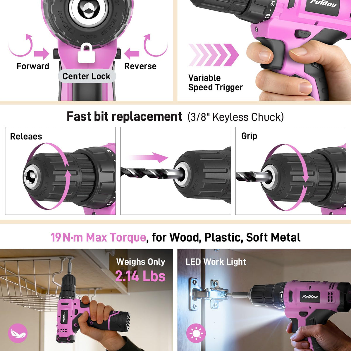 299 Piece Pink Cordless Drill Tool Set with Tool Box O8086