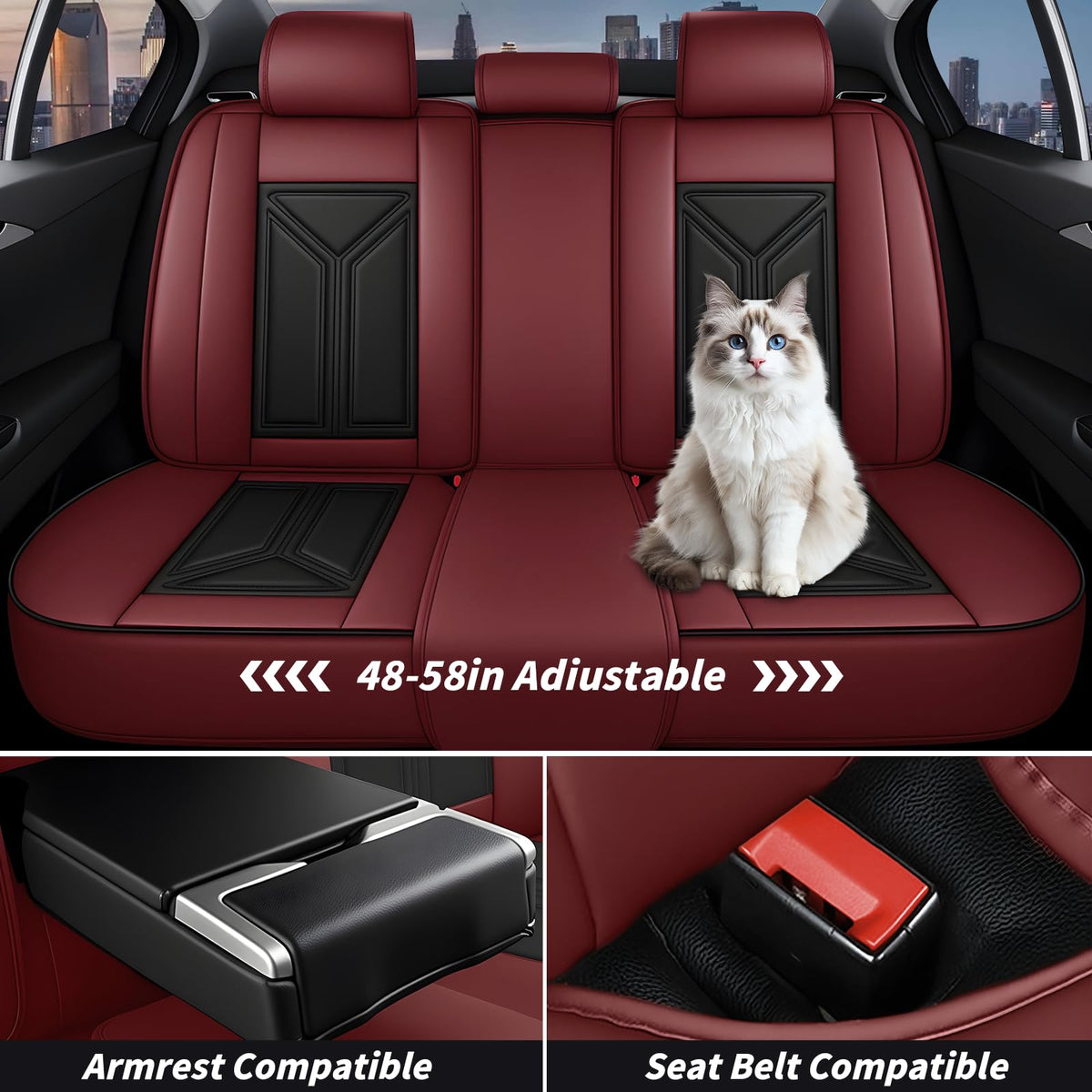 Black Red Nappa Leather 5 Seats Full Set Car Seat Covers T98340