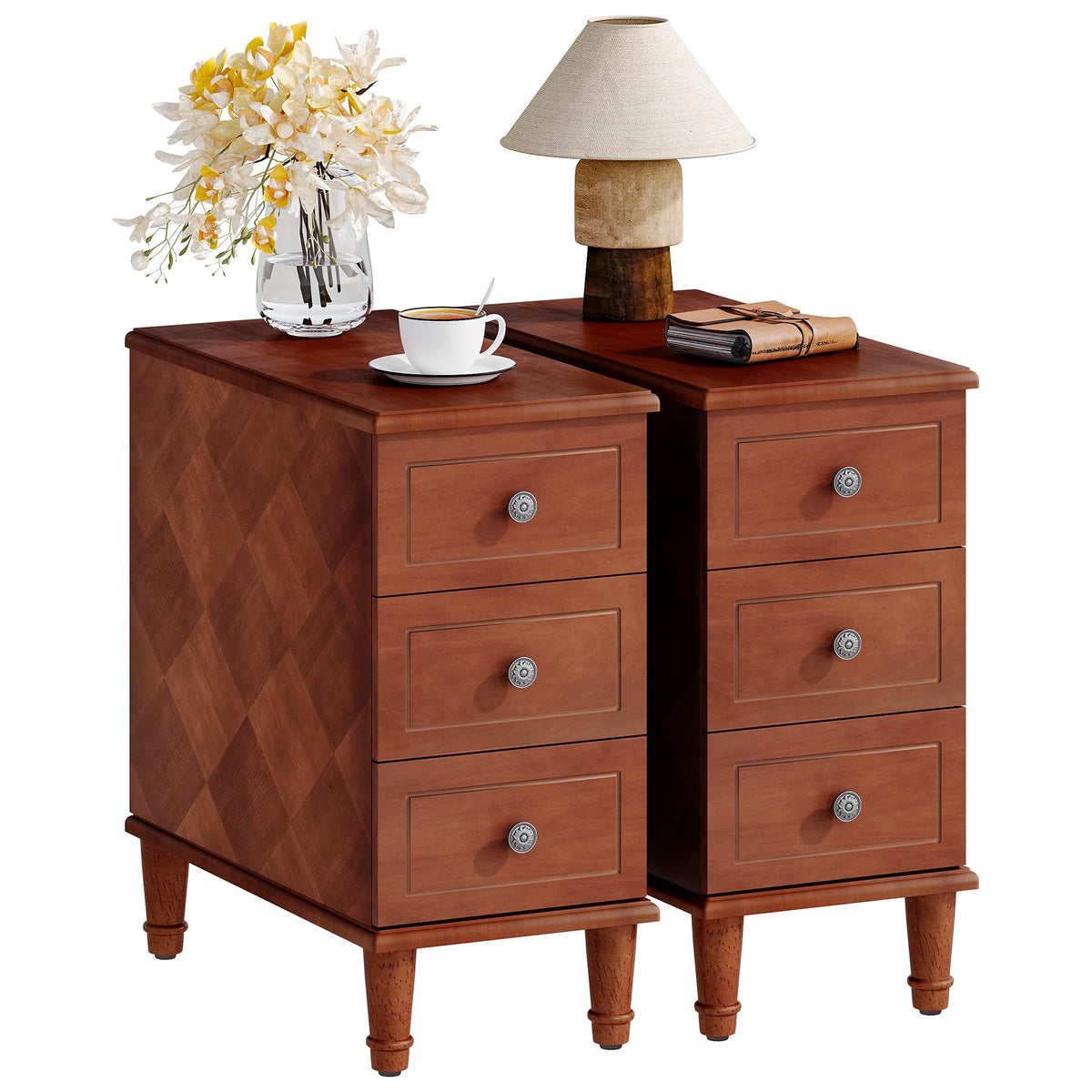 Fully Assembled Set of 2 Narrow 3 Drawer Brown End Table M97434