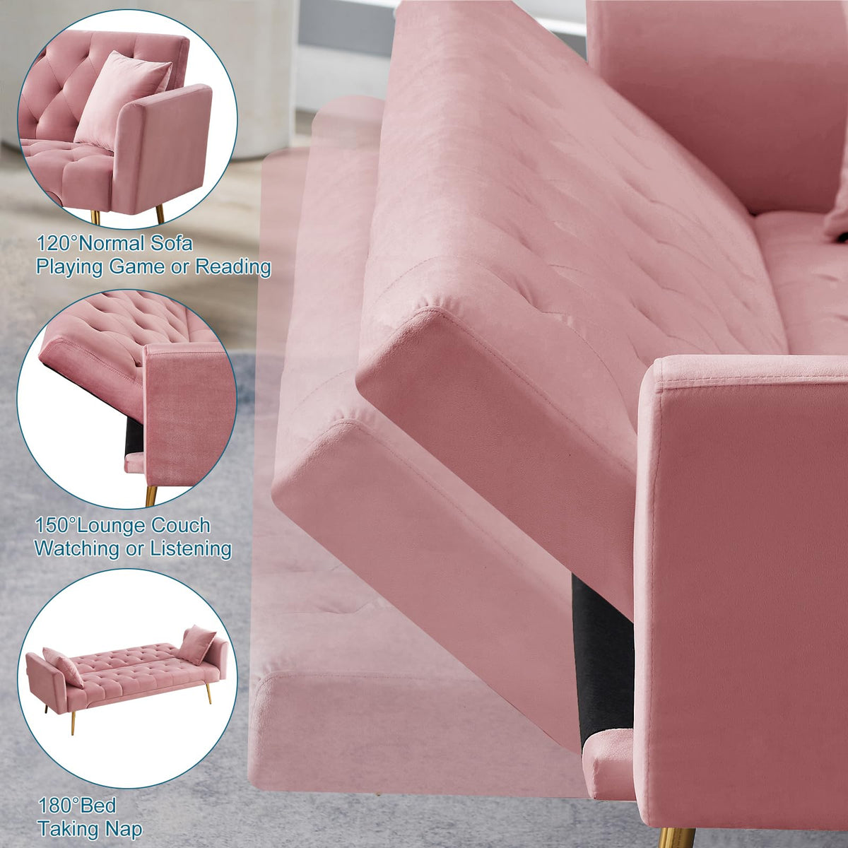 Pink Velvet Convertible Sofa Bed J501