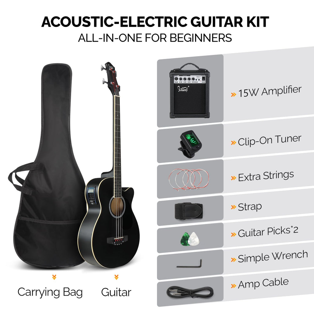 Full Size 4 Strings Acoustic Electric Bass Guitar Kit Matte Black W696969
