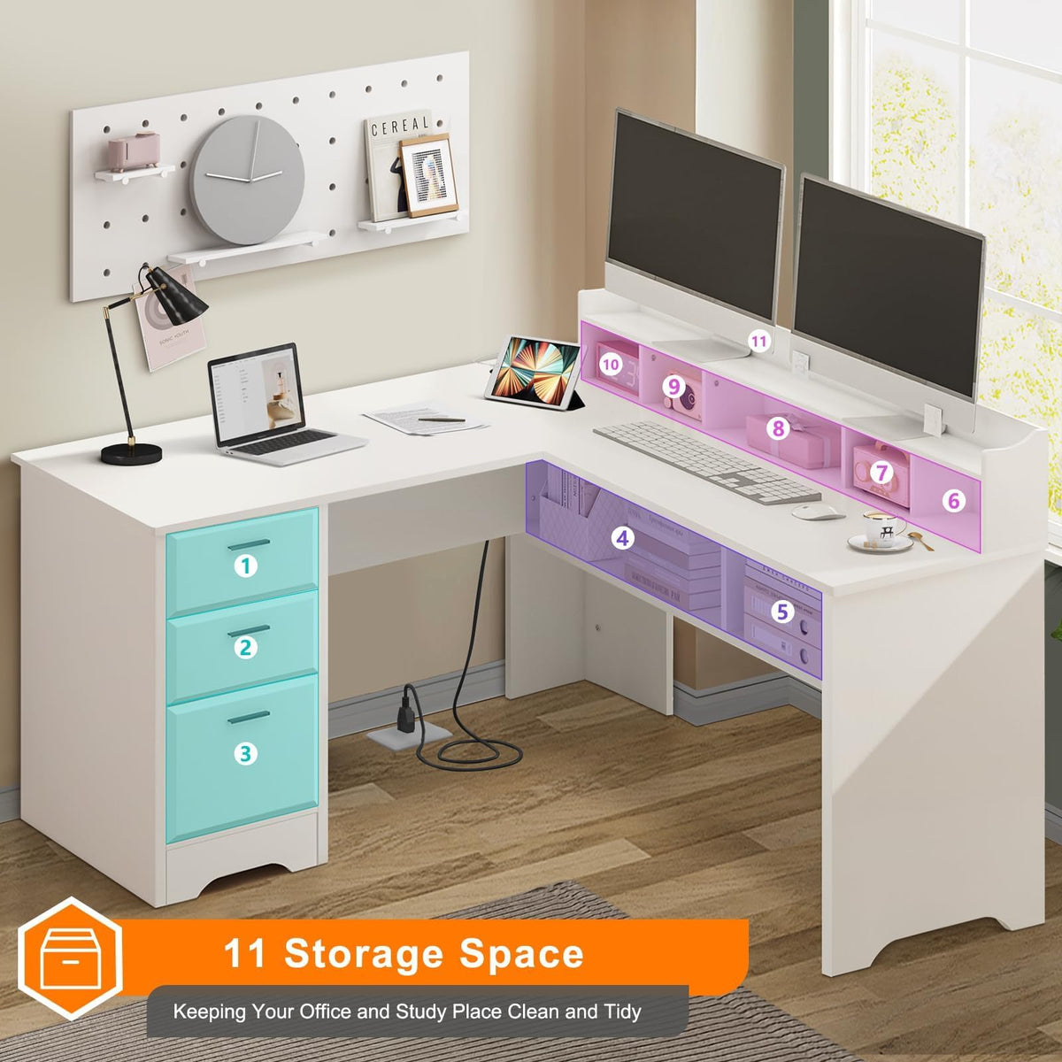 60" White L Shaped Desk with File Drawers L74172