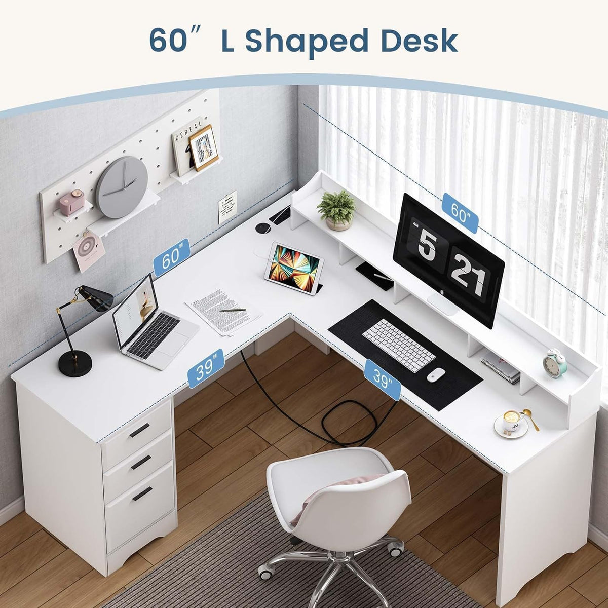 60" White L Shaped Desk with File Drawers L74172