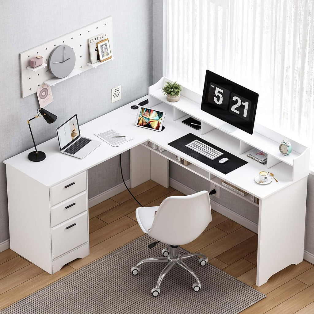 60" White L Shaped Desk with File Drawers L74172