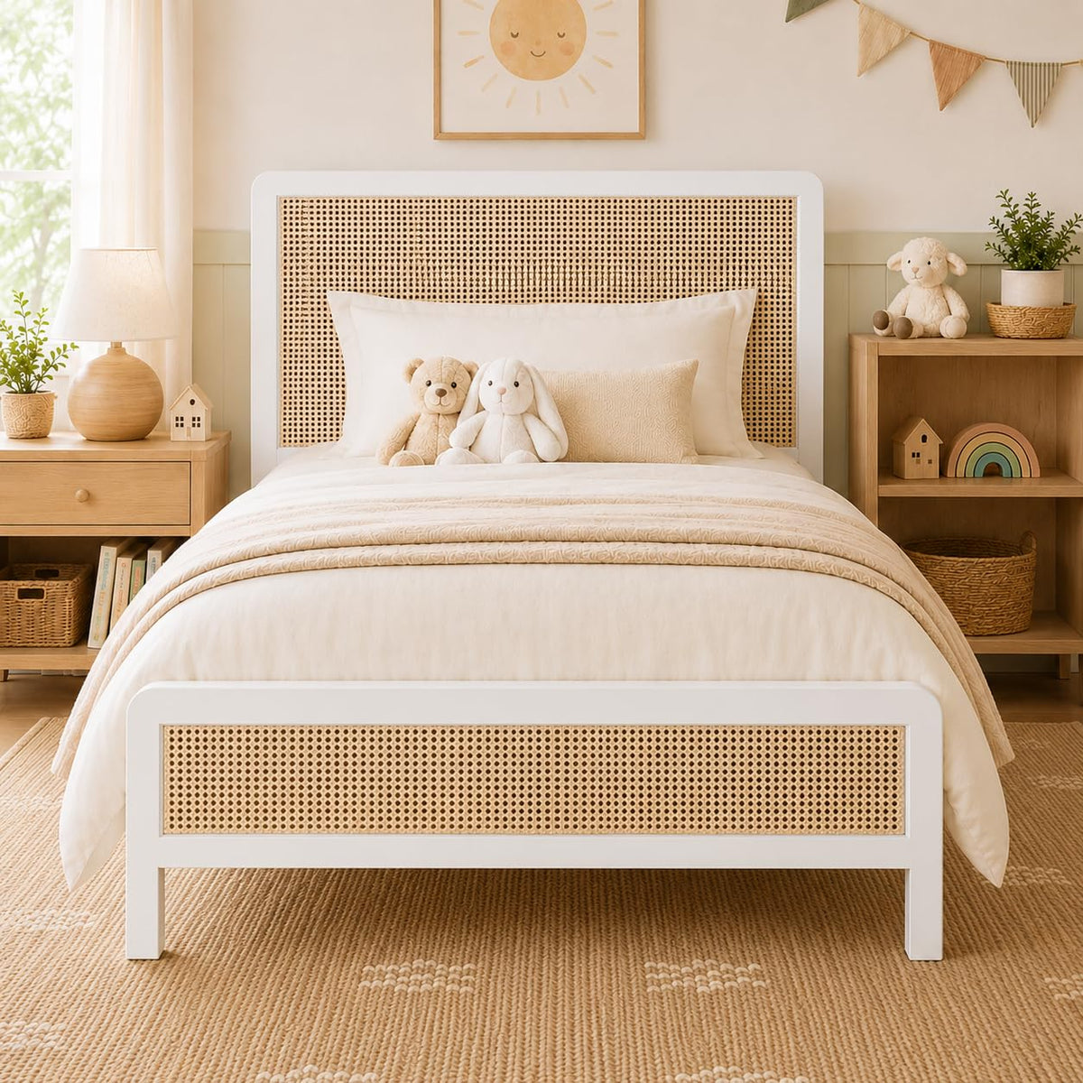White Rattan Twin Bed Frame with Headboard T7600