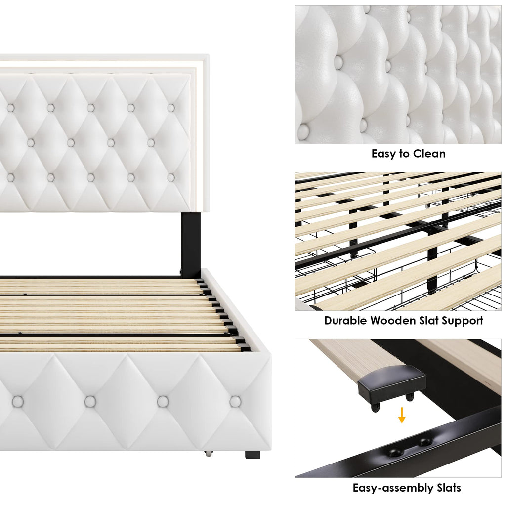 White Full Size LED Bed Frame with 4 Storage Drawers and Adjustable Headboard B323468