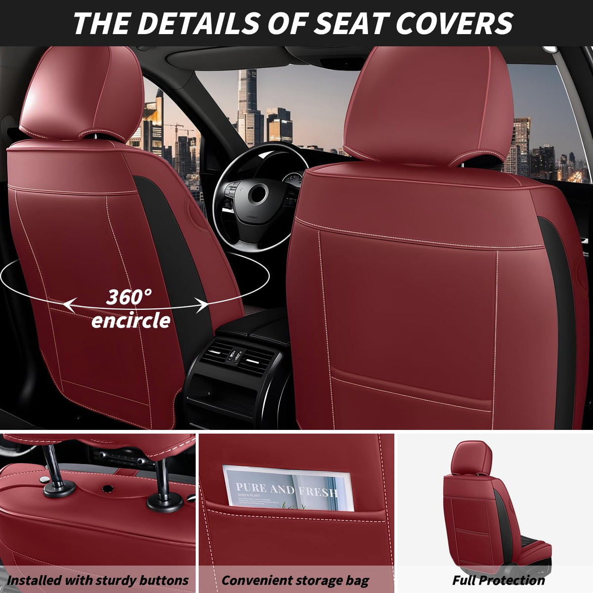 Black Red Nappa Leather 5 Seats Full Set Car Seat Covers T98340