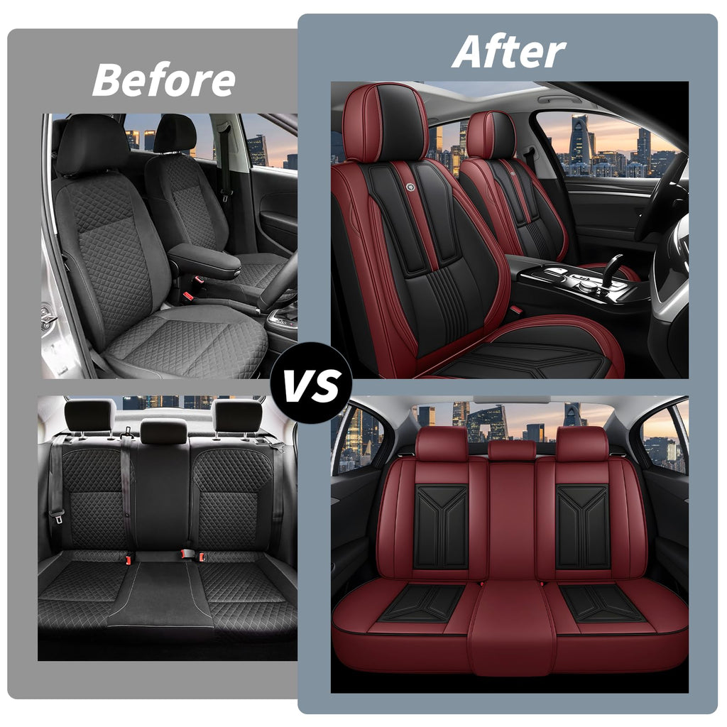 Black Red Nappa Leather 5 Seats Full Set Car Seat Covers T98340