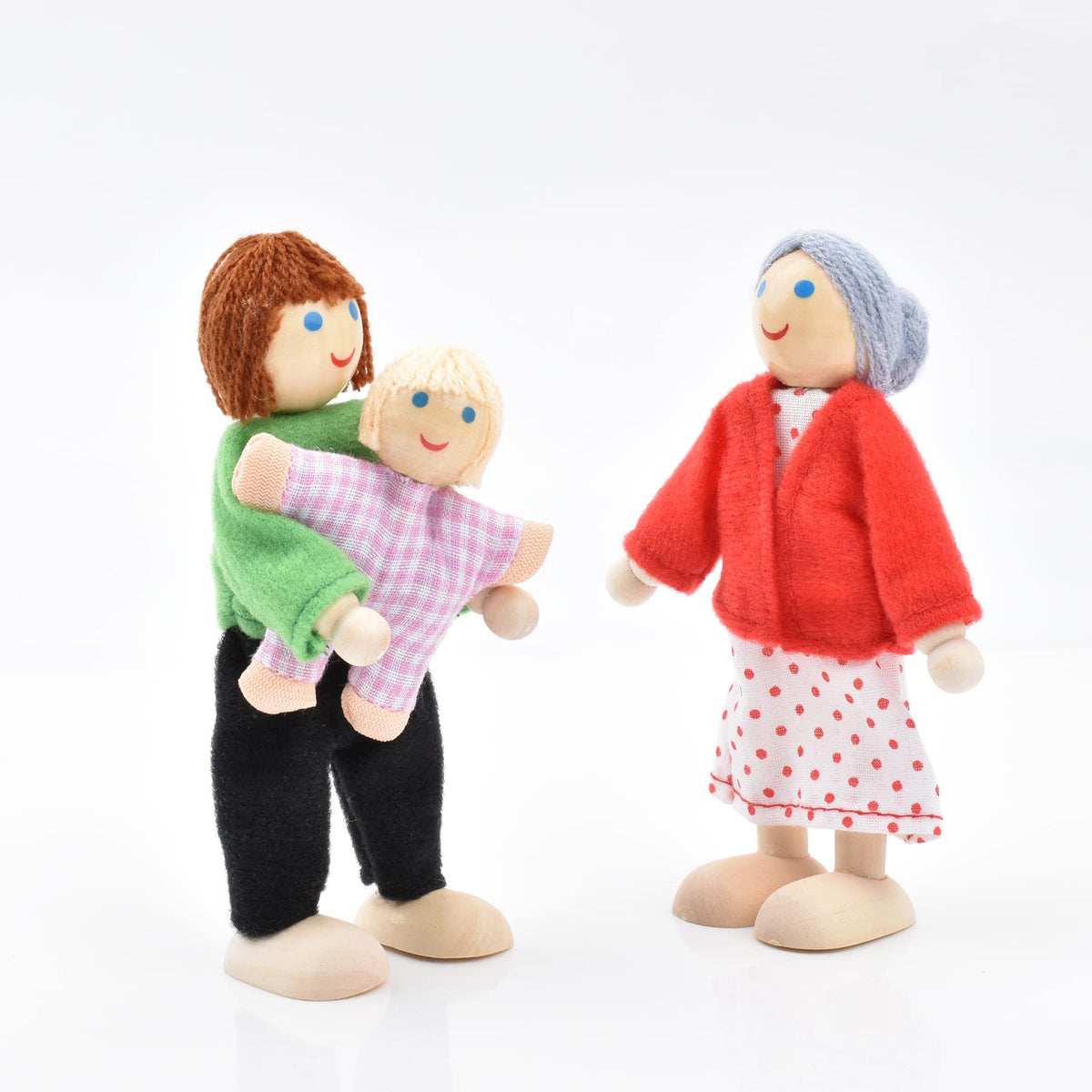 Wooden Dollhouse Dolls Family Set of 8 Miniature Figures and 2 Pets M22309