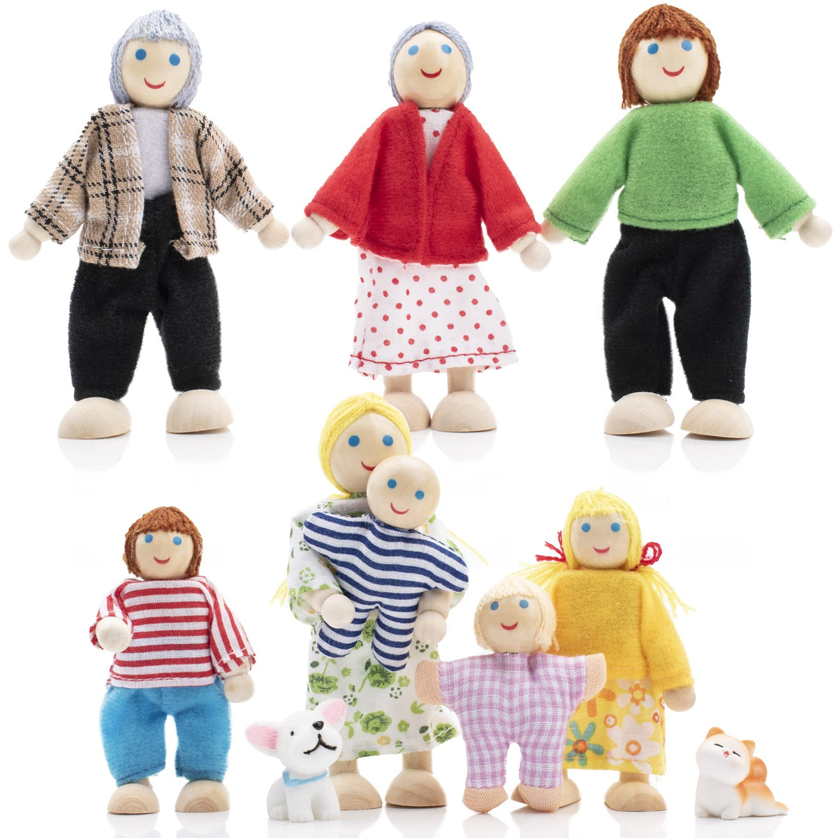 Wooden Dollhouse Dolls Family Set of 8 Miniature Figures and 2 Pets M22309