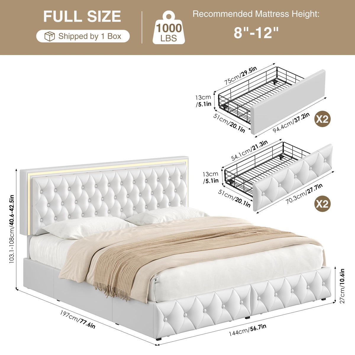 White Full Size LED Bed Frame with 4 Storage Drawers and Adjustable Headboard B323468