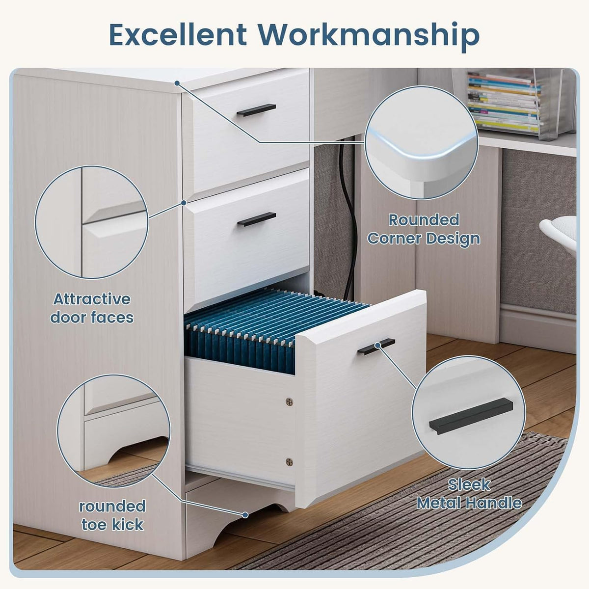 60" White L Shaped Desk with File Drawers L74172