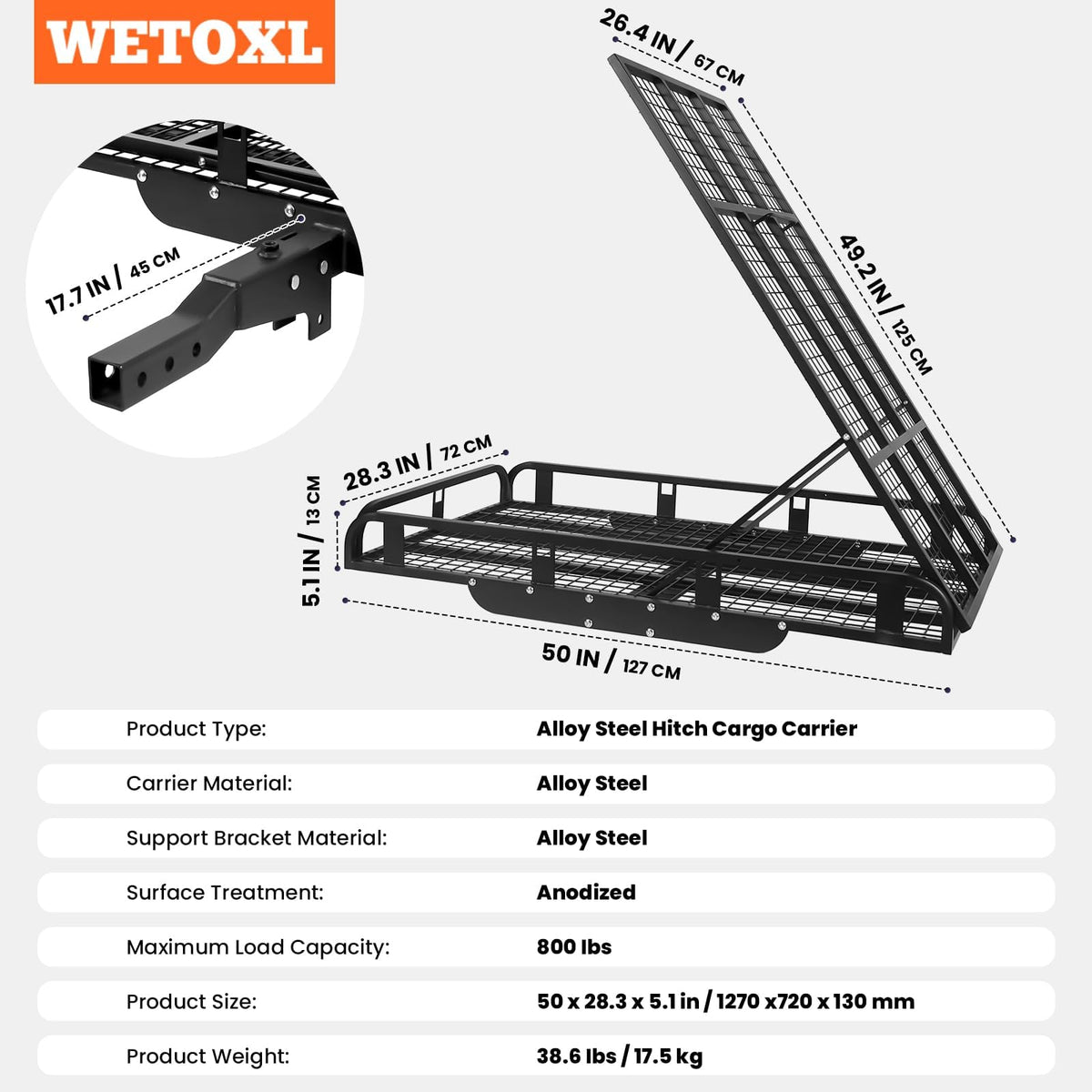 Hitch Cargo Carrier, 800lb Capacity Aluminum Cargo Basket with Folding Ramp T6484