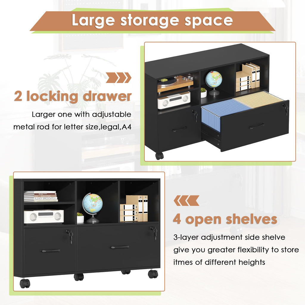 Black 2 Drawer Wood Lateral File Cabinet with Lock R678062